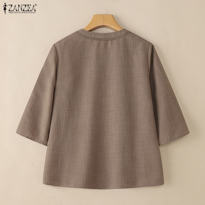 ZANZEA Women Casual Round Neck Solid Color Loose 3/4 Sleeve Blouse