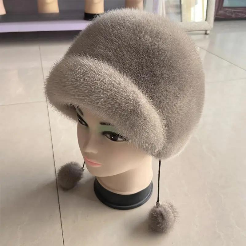 Domo Hat Natural Mink Fur Russian Hat High Quality Balls Cute Hat Fluffy Winter Furry Cap for Women Girls Ear Covered Fur Hat