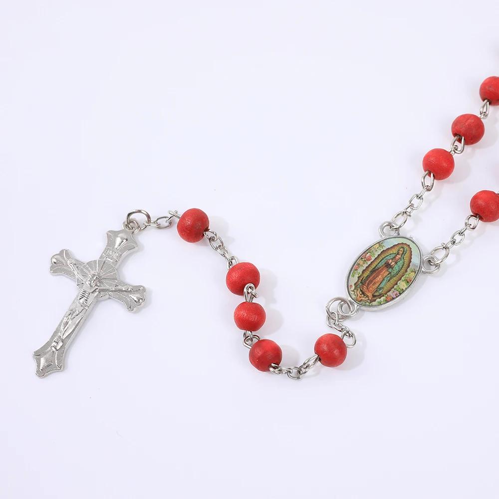 Red Wooden Rosary Necklace For Women Men Religious Virgin Mary Cross Pendant Long 6MM Beads Chain Catholic Prayer Party Jewelry