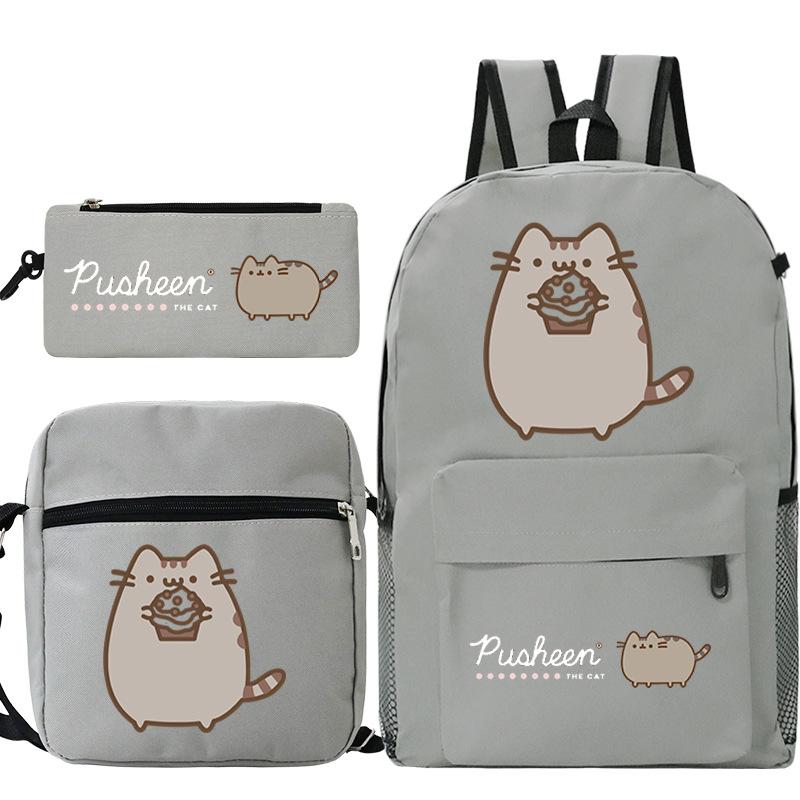Pusheen fette Katze niedlicher Cartoon bedruckter Schulranzen grenzüberschreitende Studenten tragbare Umhängetasche Federmäppchen dreiteiliges Set