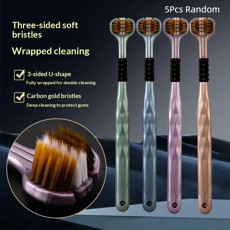 5Pcs Three Sided U Shape Toothbrush With Soft Carbon Gold Bristles Full Wrapped Cleaning Perfect For Daily Oral Care Home Use