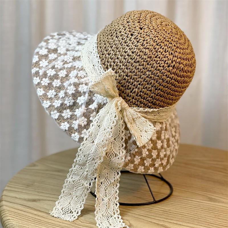 Summer Seaside Vacation Style Straw Visor Women's Large Brim Sun Protection Bucket Hat Ethnic Style Flower Lace-up Straw Hat