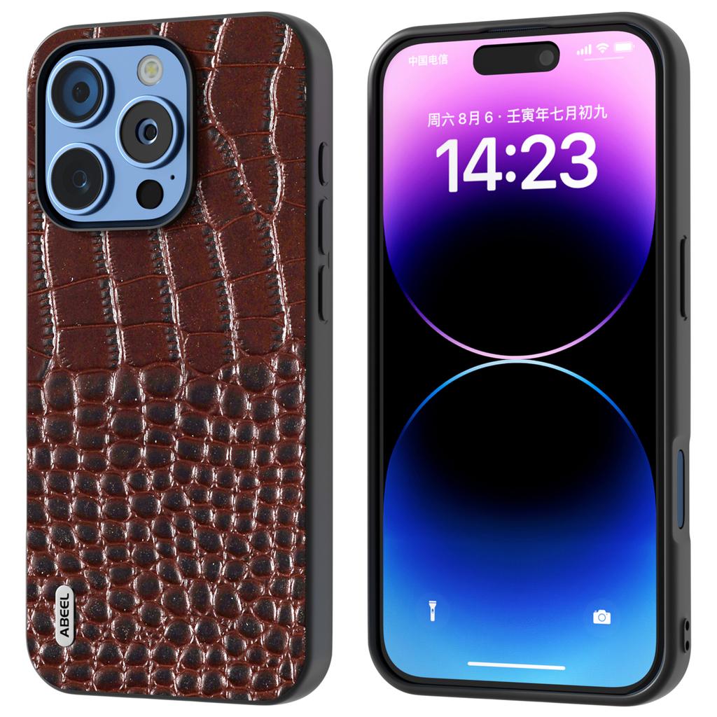 ABEEL For iPhone 16 Pro Max Case Genuine Cow Leather Back Phone Cover Crocodile Texture