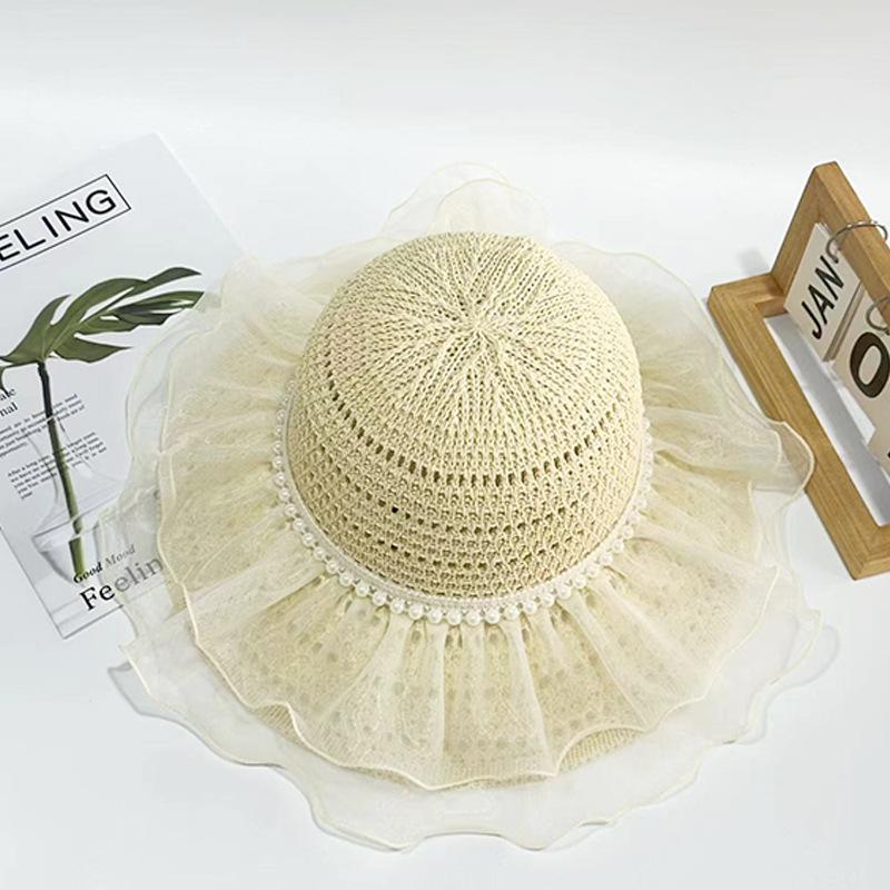 Double Lace Edge Pearl Straw Hat Summer Ladies Out Versatile Big Brim Knitted Hollow Sun Hat