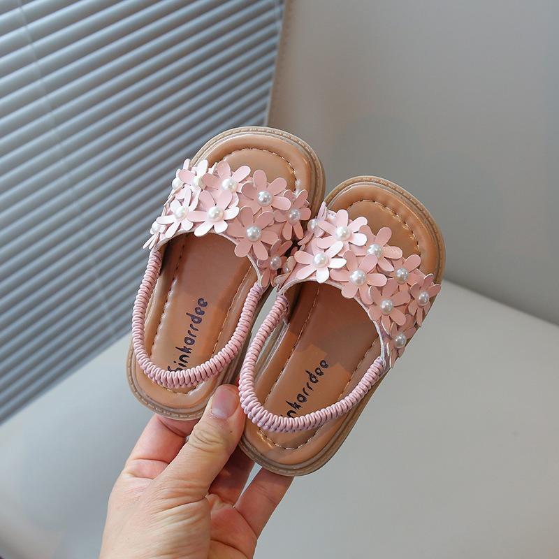 Roman Style Flower Decor Beach Sandals, Soft Sole Open Toe Trendy Shoes for Girls 21 розовый