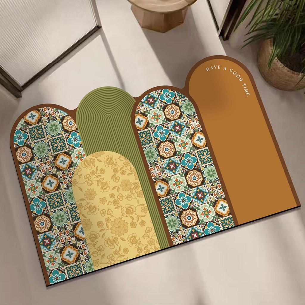 Retro Flower Tile Pattern Bathroom Floor Mat - Wear-Resistant, Dirt-Resistant, Non-Slip, Absorbent Diatomaceous Earth Mat