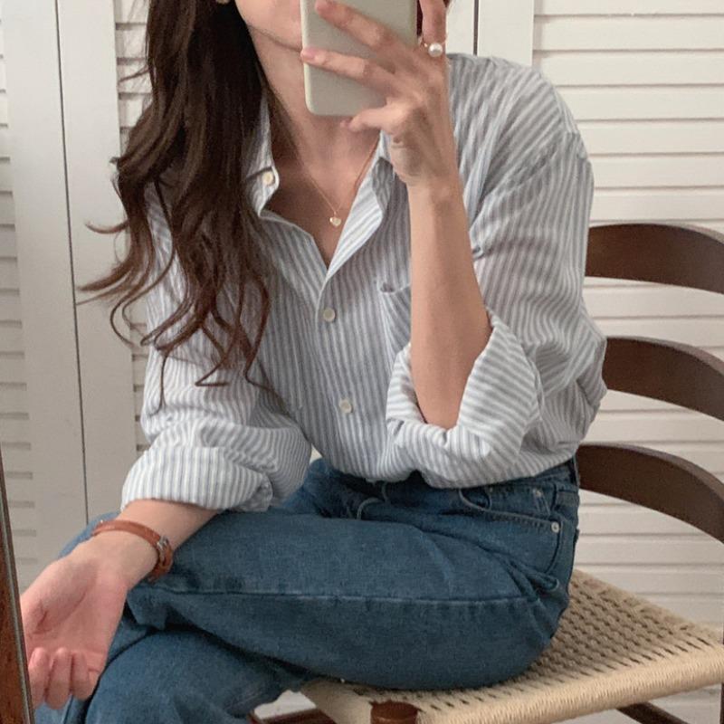 Striped Shirt Female Casual Versatile Long-sleeved Shirt Cardigan Loose Jacket Vintage Basic Office Casual Women Shirt Comfortable Women's Clothes