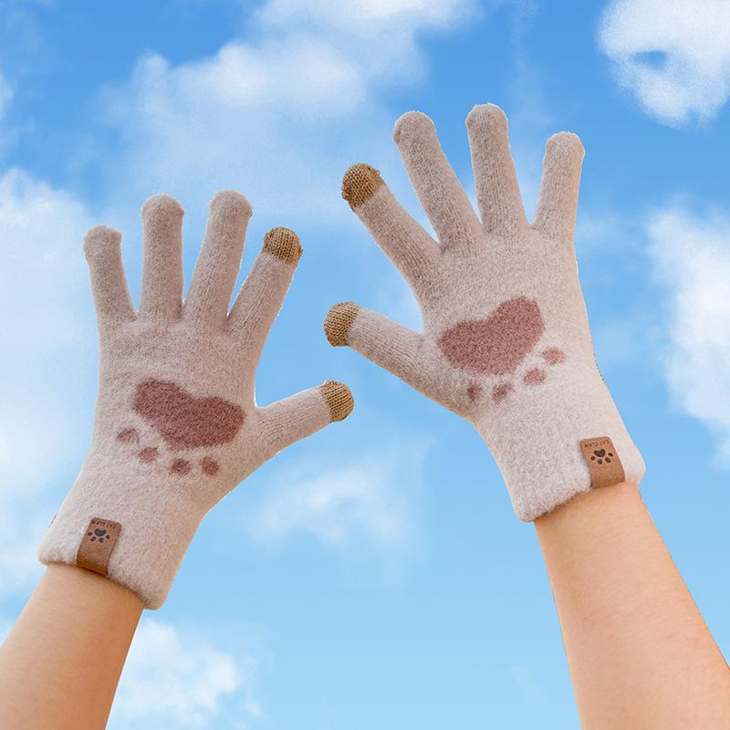 Cartoon Mink Smiley Winter Touchscreen Gloves - Velvet Warmth, Outdoor Cold Protection, Cute Student Design.