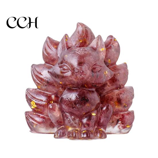 Nine-tailed Fox Ornament Natural Stone Foxes Figurine Positive Healing Energy Hand-carved Colorful Faux Collectible Toy Crystal Sitting Animal Statue