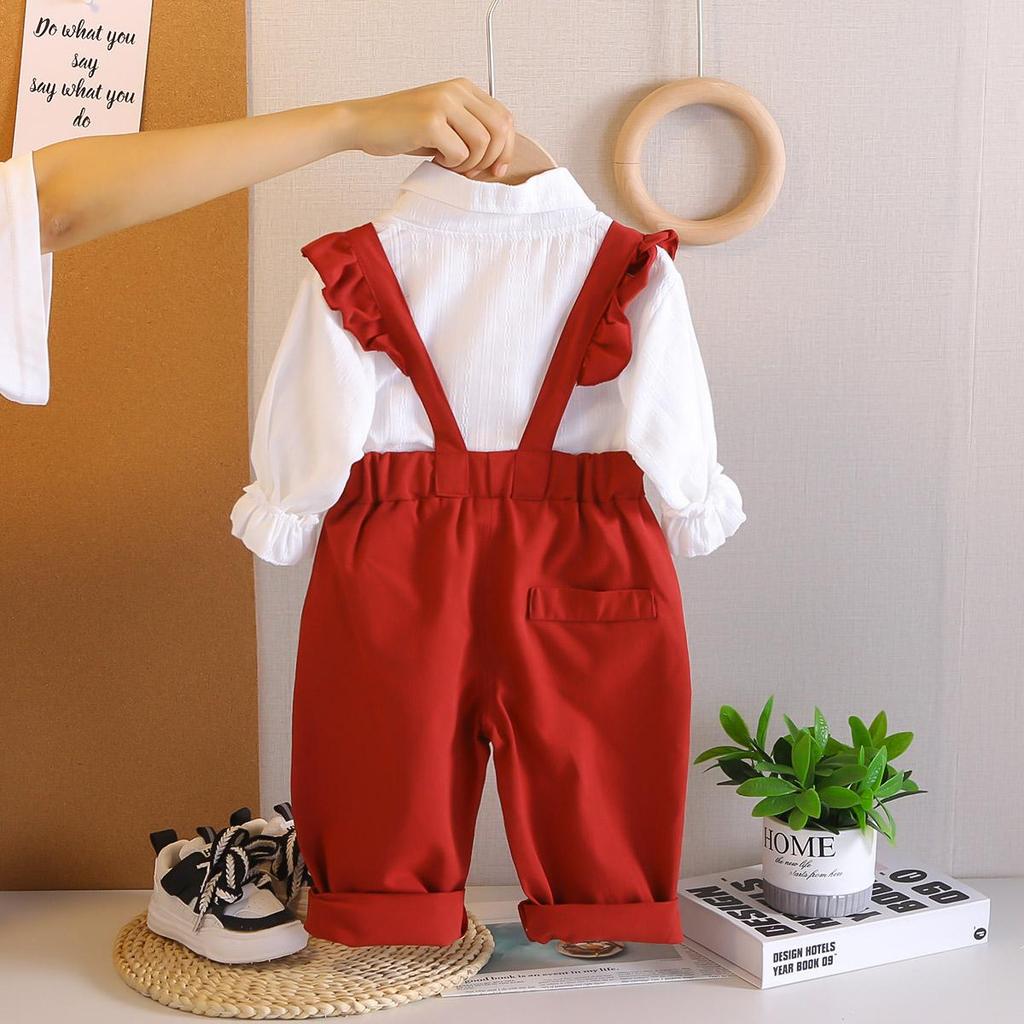 0-5-year-old Girls' Long Sleeved 2-piece Set, Girls' Lapel Lace Shirt, Casual Shoulder Strap Pants, Children's Fashion Set
