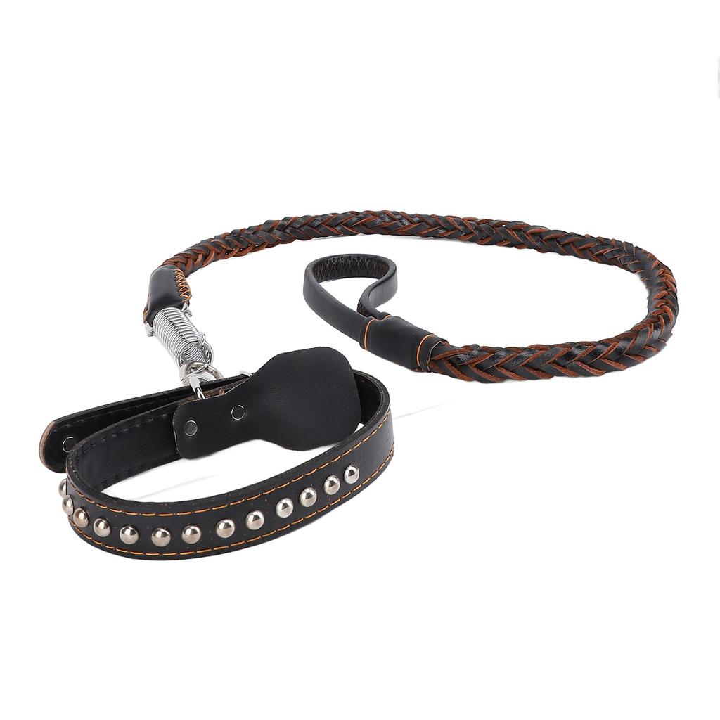 PU Leather Dog Collar Leash Set with Shock Absorbing Spring Braided Dog Training Leash for Medium