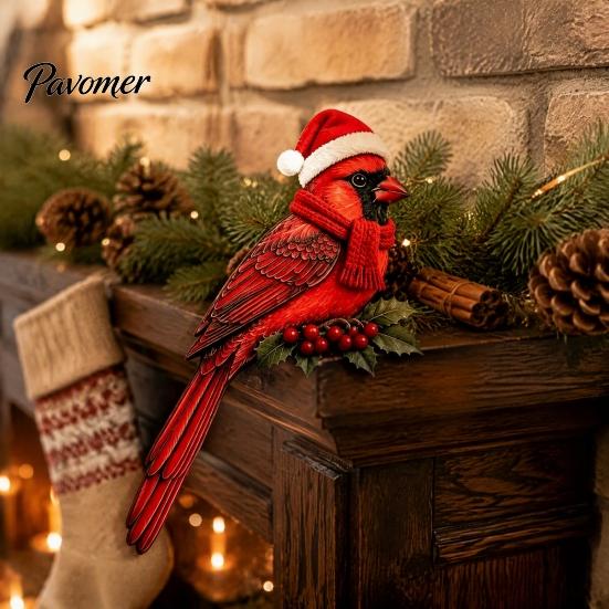 Winter Bird Door Ornament Wooden Topper, Cute Christmas Corner Statue, Woodland Animal Frame Festive Home Wall Decor Art Sign for Holiday Window
