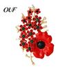 Commemorative Blazer Pin Never Forgotten Victory Blossom Brooch, Red Flower Lapel History Keepsake Brooch with Rhinestone, Alloy Memorial Badge
