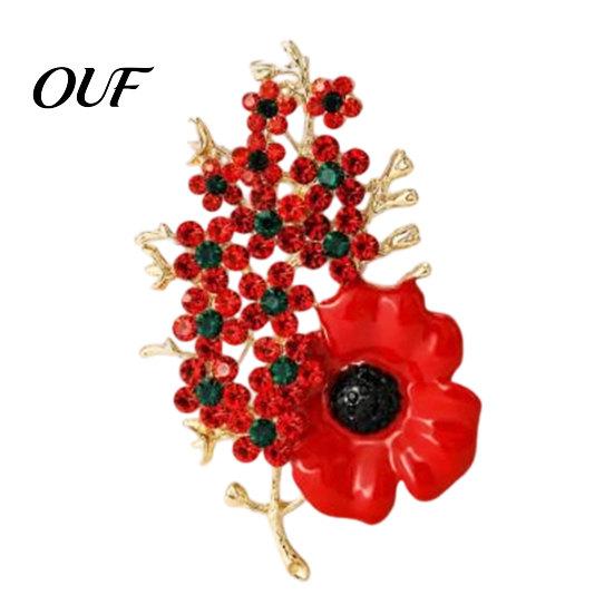 Commemorative Blazer Pin Never Forgotten Victory Blossom Brooch, Red Flower Lapel History Keepsake Brooch with Rhinestone, Alloy Memorial Badge