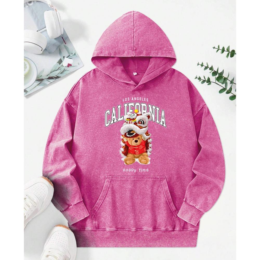 The Lion Dancing Bear Cute Print Women Washed Hoody Pocket Hoodie Soft Oversize Streetwear Comics Multicolor  Clothes