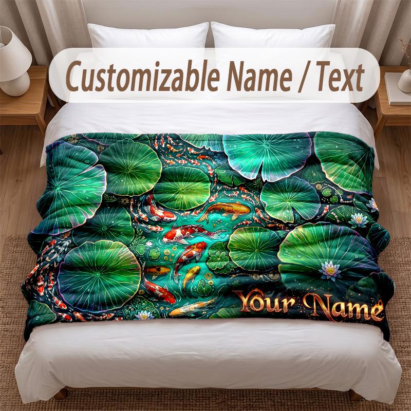 Koi Fish Theme Soft Blanket Personalized Custom Name Text Print Warm Blanket Home Sofa Bedroom Decor