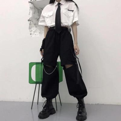 Gothic Streetwear Women's Cargo Pants with Chain Punk Techwear Black Oversize Korean Fashion Wide Leg Trousers