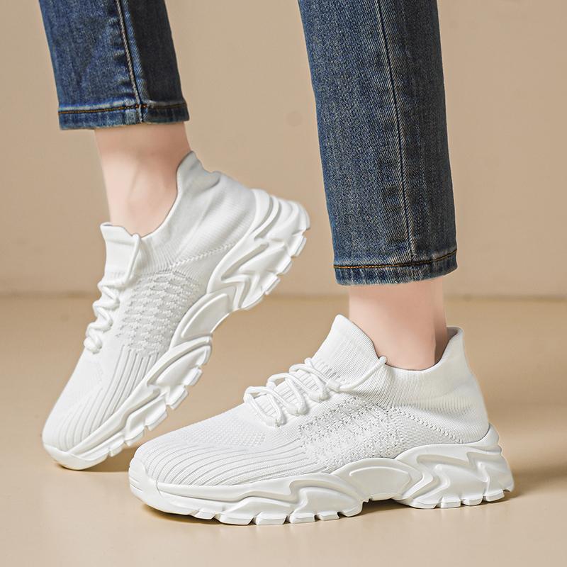 Fashion Women's New Elastic Fabric Sports Thick Soled Lace Up Tennis Outdoor Running Breathable Casual Shoes Lightweight Walking Shoes