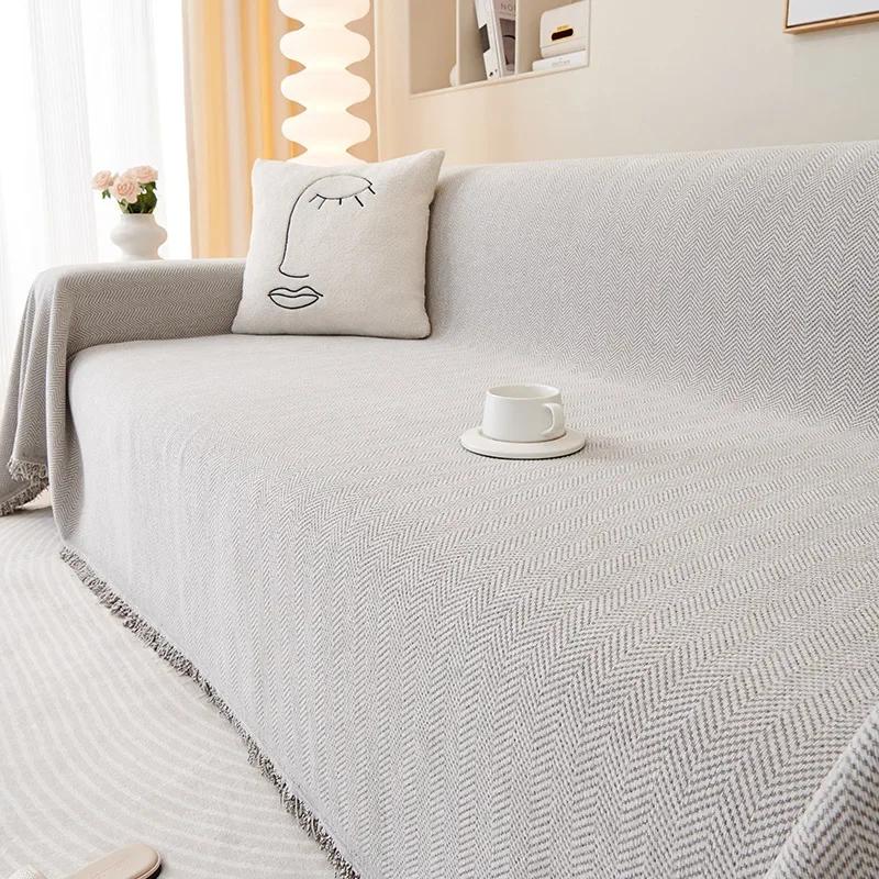 High Quality Waterproof Chenille Sofa Cover Cloth Green Striped Sofa Cushion Four Season Universal 3  Seat All Inclusive Blanket