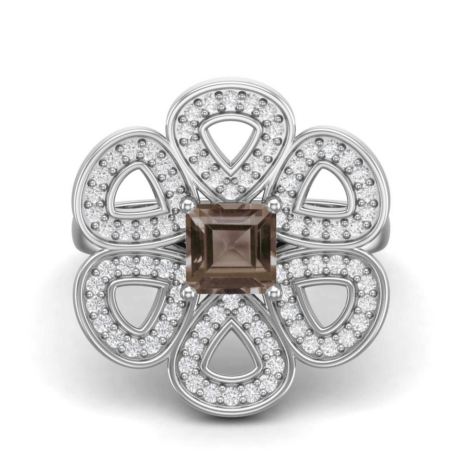 1.33 Ctw Square Smoky Quartz 925 Sterling Silver Cocktail Cluster Women Wedding Ring 9 белый