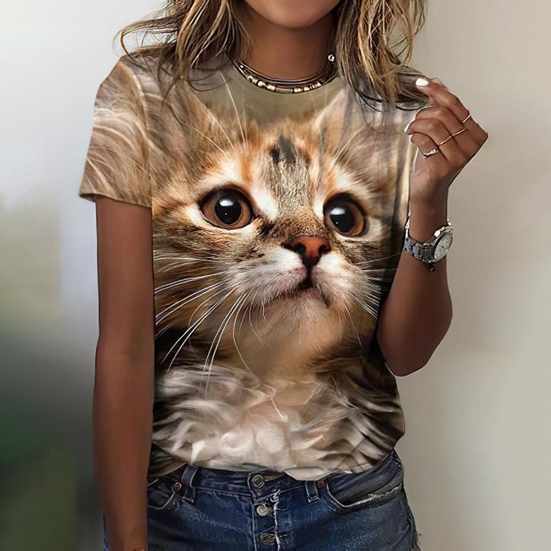 Summer Round Neck 3D Feather Animal Simplicity Print Top Fashionable Casual Short Sleeved Women's T-shirts