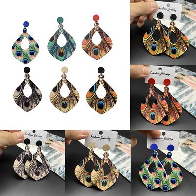 Retro Ethnic Style Long Earrings Wooden Earrings Bohemian Peacock Feather
