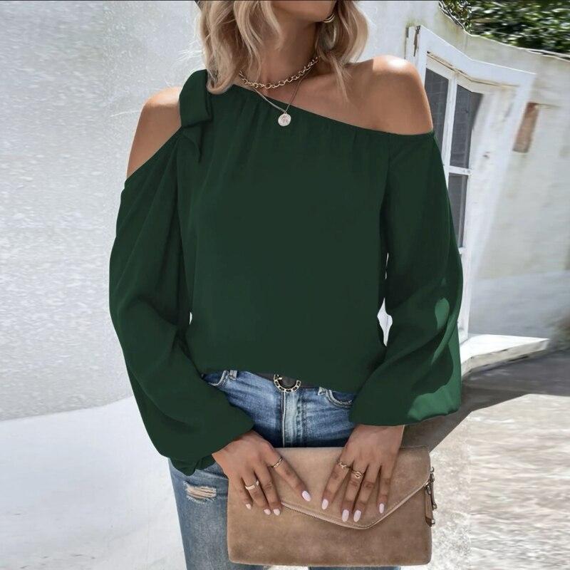 Spring Office Lady Fashion Off Shoulder Shirt Women Tops Long Lantern Sleeve Loose Clothes Crew Collar Chiffon Blouses 25468