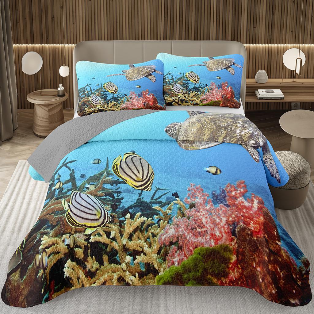 Sea Turtle Bedspread Queen Twin Underwater World Ocean Animal Coverlet Reptile Tortoise Print Quilted Bedding Set for Kids Adult