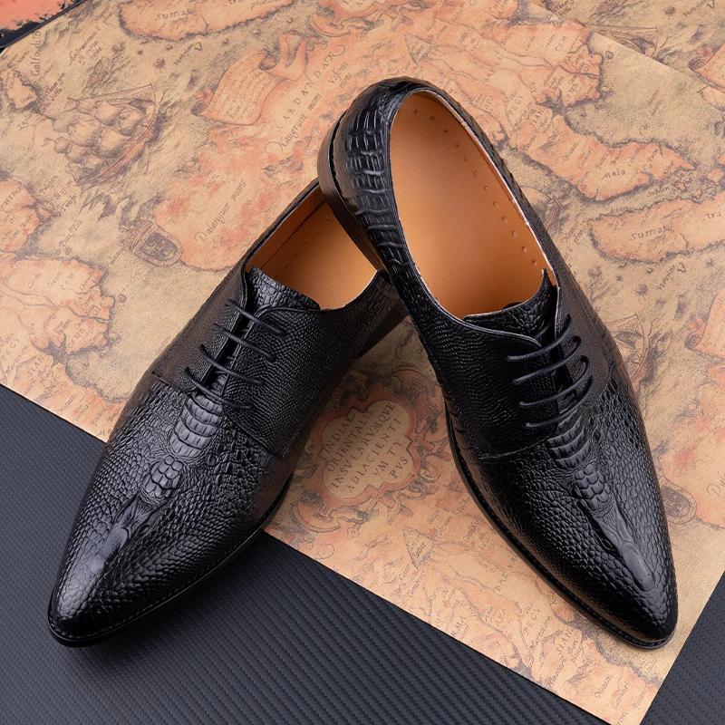 Fashion Fashion Male Derby Dress Leather Shoes Party Printing Luxury Zapatos De Hombre Genuine Leather Oxfords Shoes Black Lace Up Daily