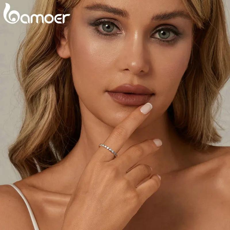 BAMOER White Gold Plated Bubble Ring for Women, 925 Sterling Silver Bezel Set Moissanite Ring Matching Full Wedding Band