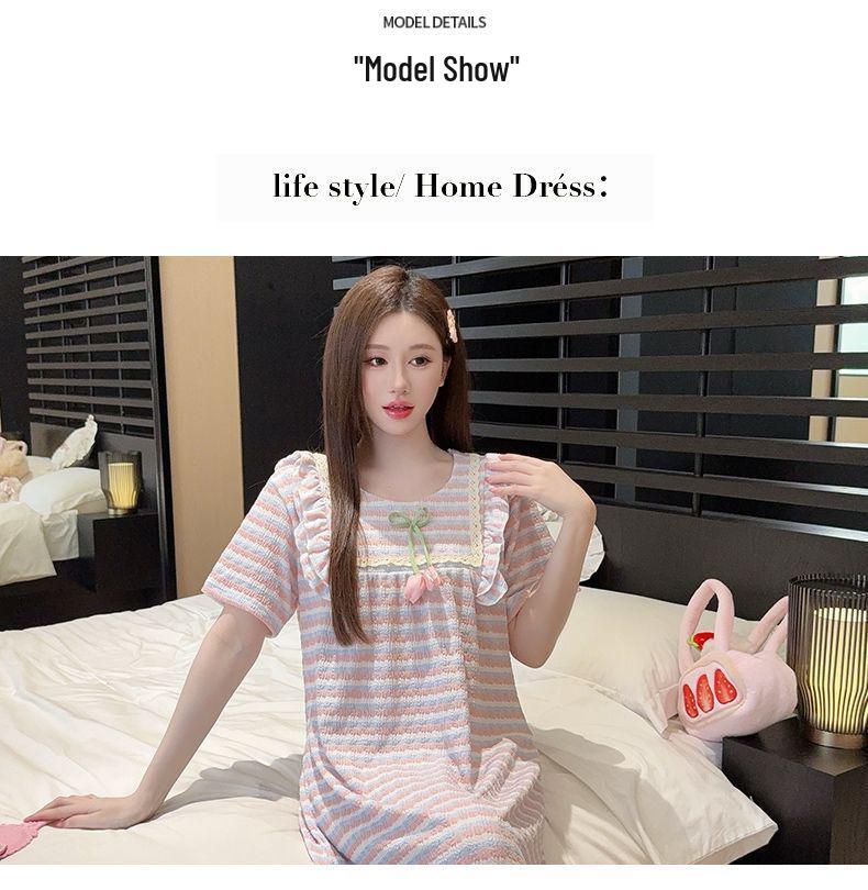 2026 Women's Sweet Casual Mid-Length Plus Size Striped V-Neck Short-Sleeve Nightgown