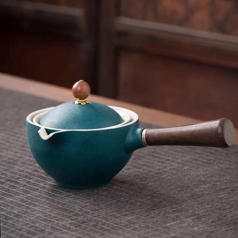 Compact Travel Tea Set with Automatic Rotating Teapot and Side Handle Kung Fu Cups