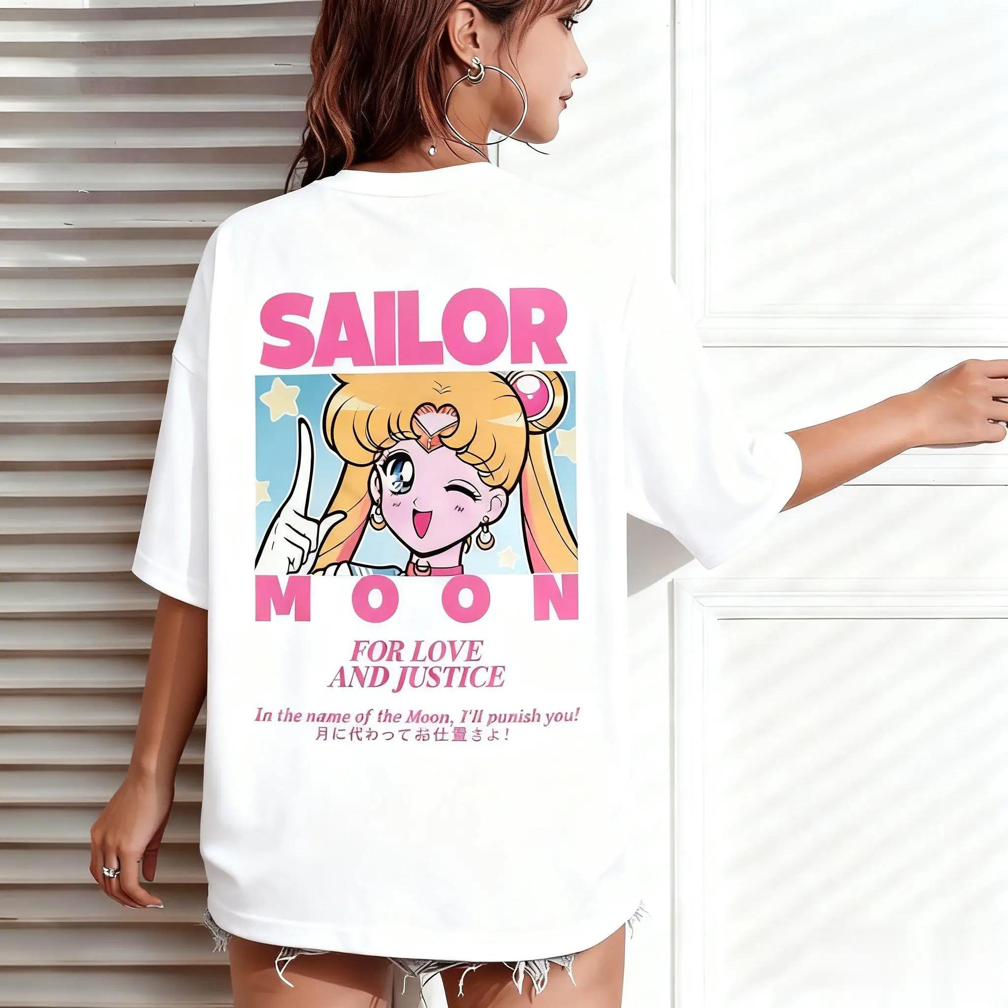 

Oversized White Sailor Moon T-Shirt Featuring Usagi Tsukino Graphic and the Iconic In the Name of the Moon Quote 4XL