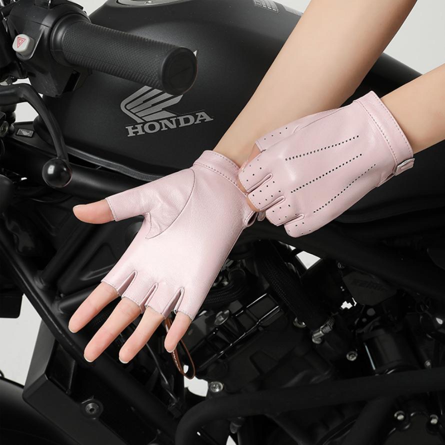 

Женские перчатки с открытыми пальцами из натуральной овечьей кожи, тонкие, для весны, для езды на велосипеде, вождения автомобиля, мотоцикла, без пальцев M розовый