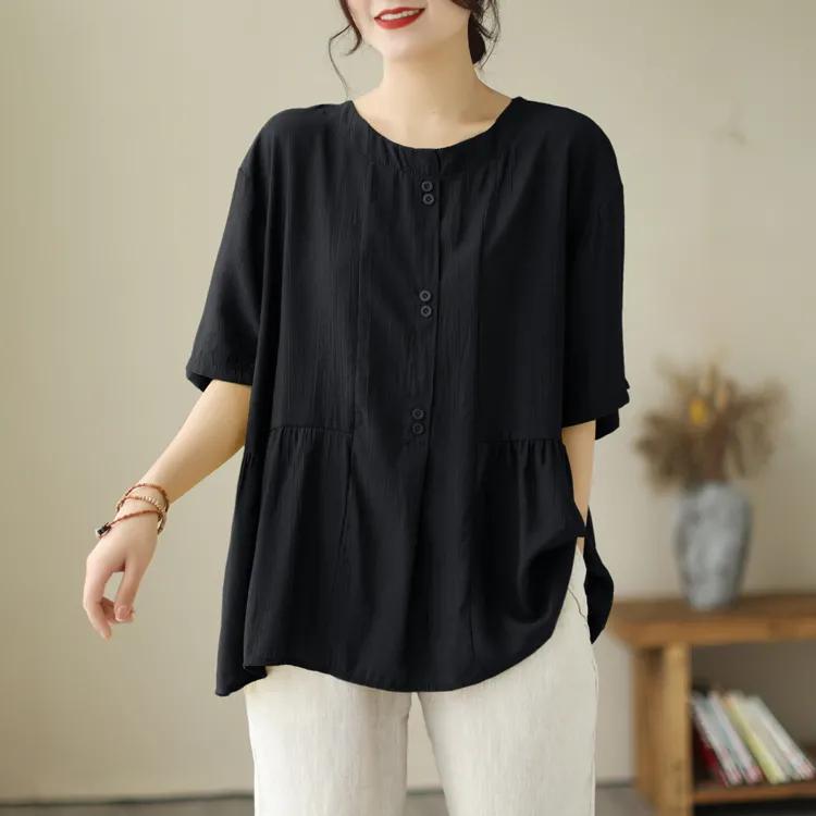 

Летняя женская свободная тонкая футболка из хлопка и льна Ice Silk с короткими рукавами, однотонный топ M чёрный