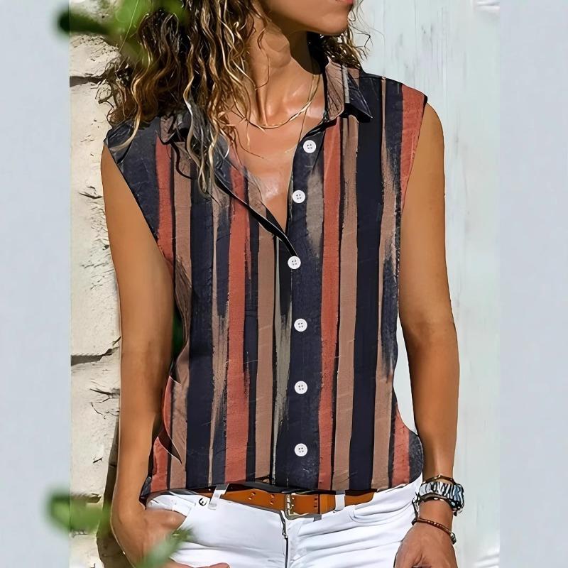 Womens Striped Print Button Down Sleeveless Casual Cardigan Shirt S