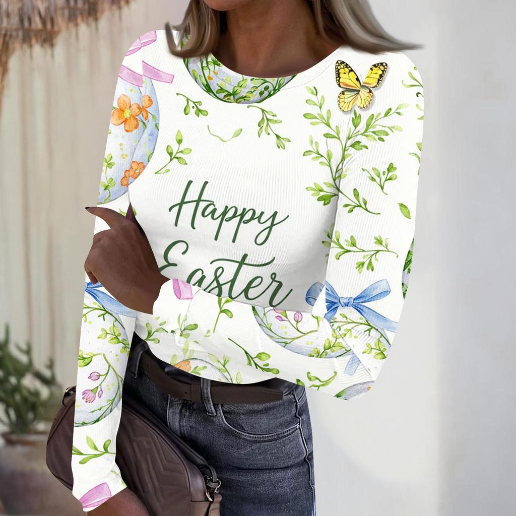 Women's Casual Fashion Round Neck Easter Print Long Sleeve Strip Top