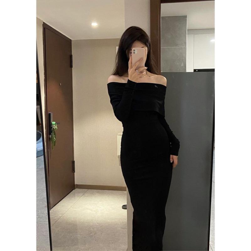 

One Shoulder Knitted Sweater Skirt Muse Fan Slim and Skinny Birthday Party Sexy Off-the-Shoulder Little Black Dress S чёрный