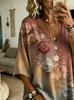 Women's plus size V-neck top, elegant and comfortable simple floral pattern print plus size women's V-neck T-shirt