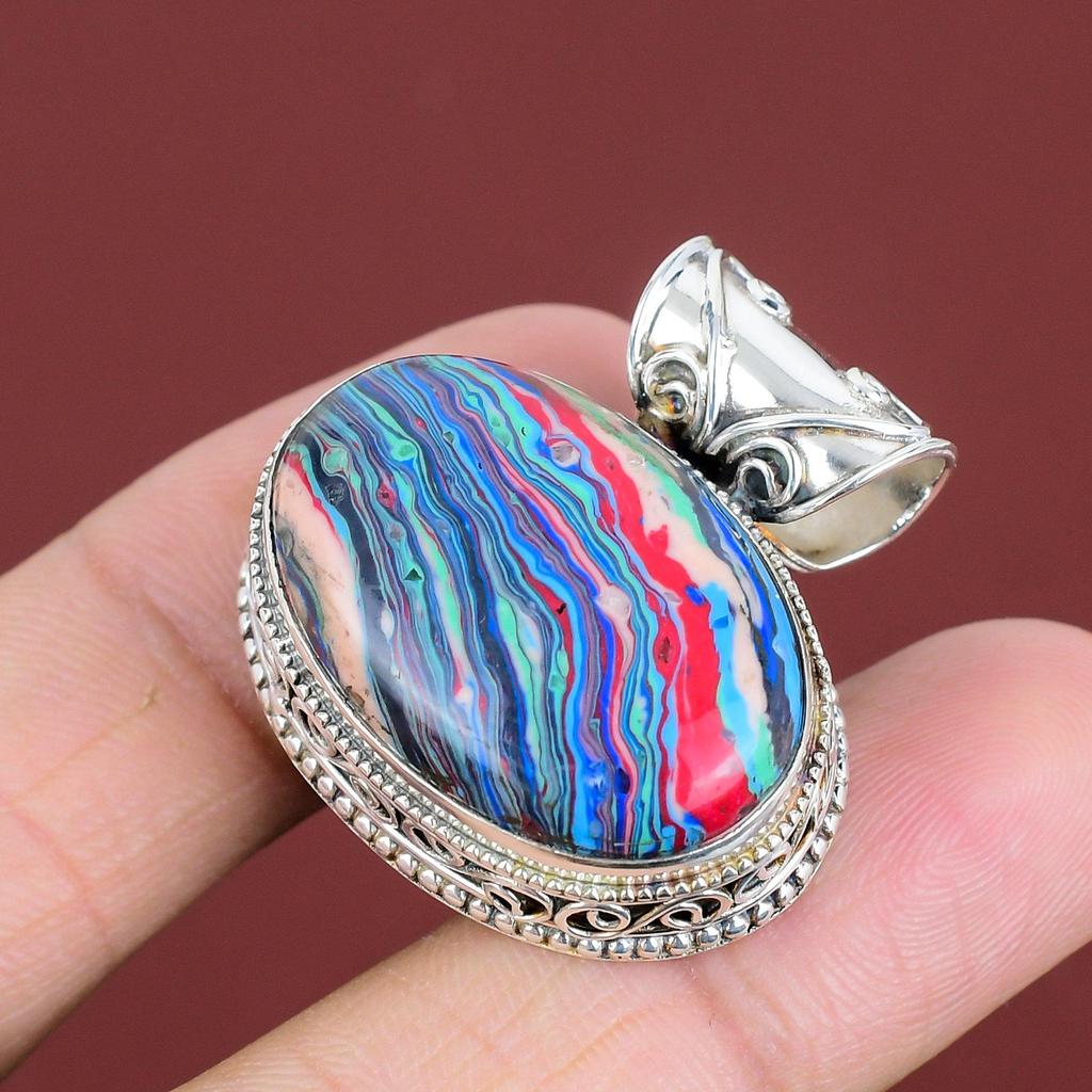 Rainbow Calsilica Pendant Real Gemstone Pendant 925 Sterling Silver Pendant Rainbow Calsilica Jewelry Handmade Vintage Pendant Gifts For Mom