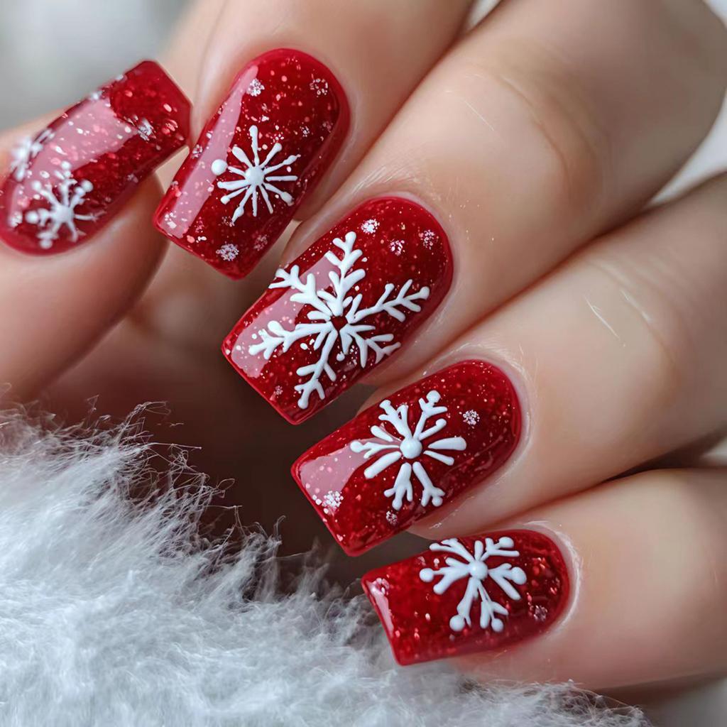 24PCS Red Fake Nails with White Snowflake Decor with Shiny Finish for Winter Holiday Party Decor