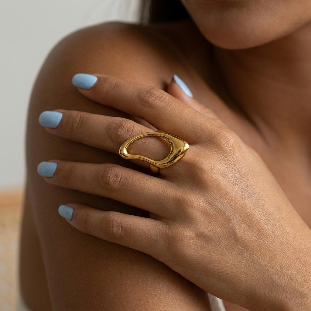 Stainless Steel Chunky Wide Rings for Women Vintage Gold Color Geometric Spiral Line Finger Ring Charms Waterproof Jewelry