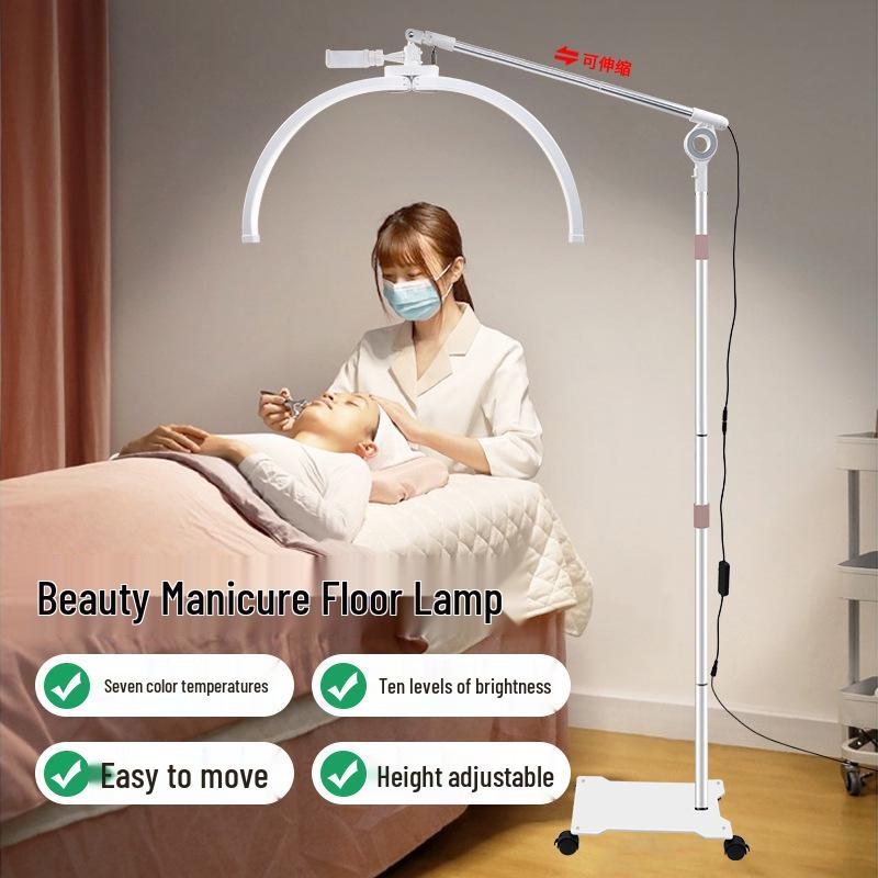 25-Inch Dual-Use Beauty Lamp for Lashes & Nails with 28-Inch Wheeled Arm for Eyebrows, Half-Moon Design
