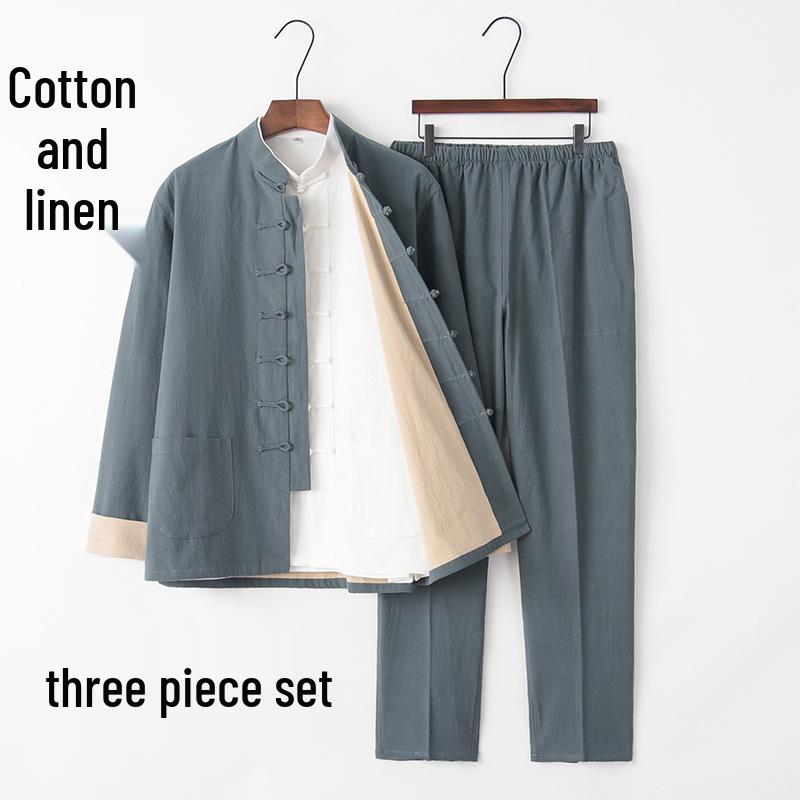 Men's Chinese Tang Suit: Cotton Linen Three-Piece Set with Stand Collar - Zen Meditation Outfit for Spring and Autumn