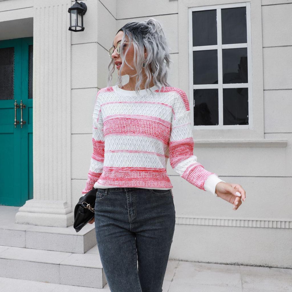 Winter Fall Women Fashion Striped Warm Sweater Loose Slit Knitted Top