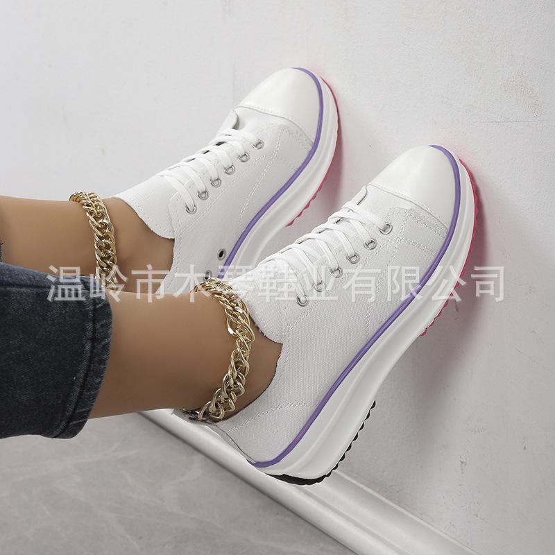 European and American large-size casual single shoes women's 2025 spring and autumn new round head lace-up thick-soled low-top canvas single shoes