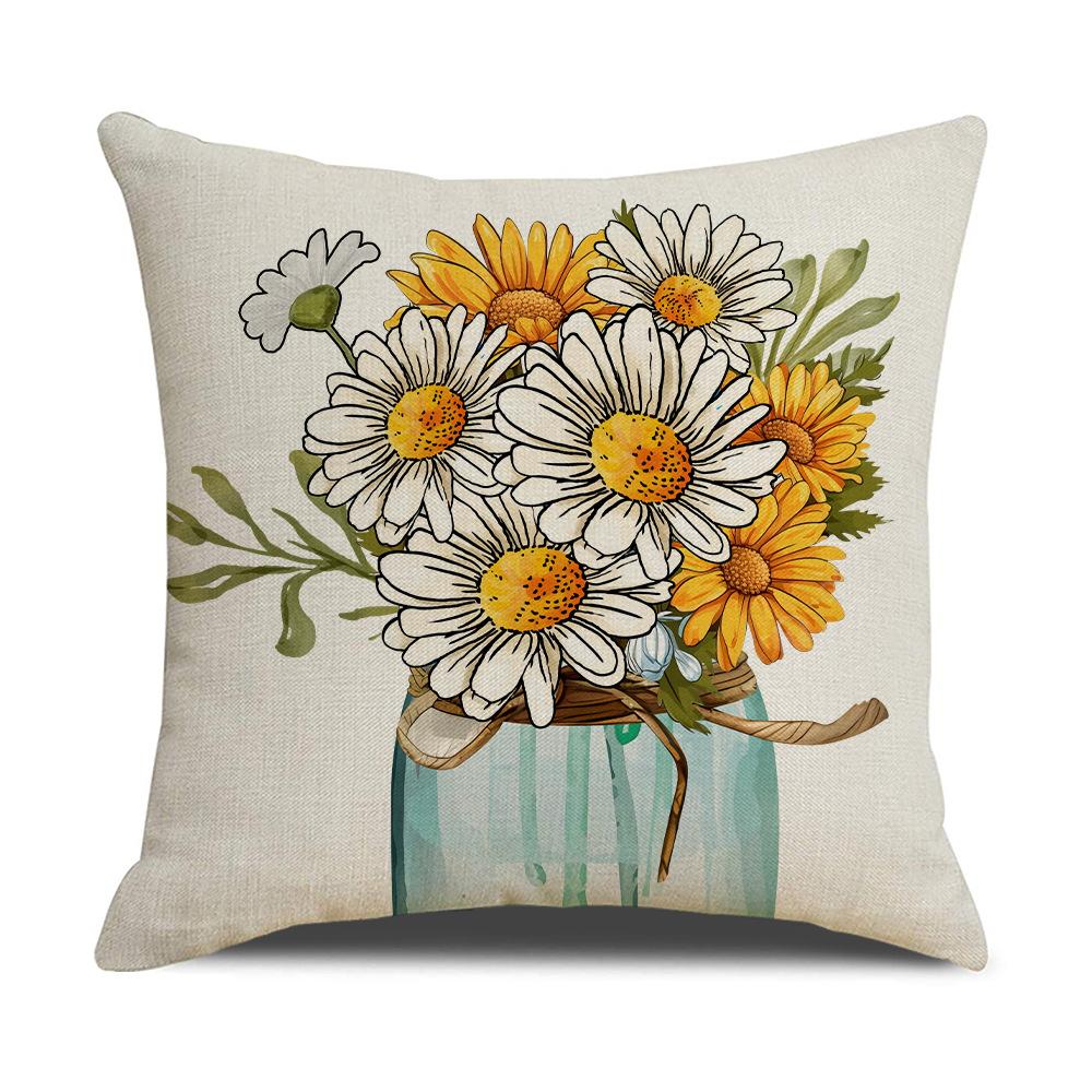 Spring and Summer Flowers and Plants Letters Linen Pillowcase Small Daisy Modern Living Room Sofa Cushion Bedroom Pillow
