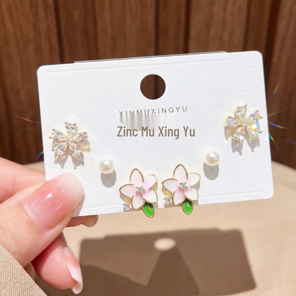 Exquisite Pink Floral Stud Earrings Set - Luxurious, Versatile Six-Piece Collection