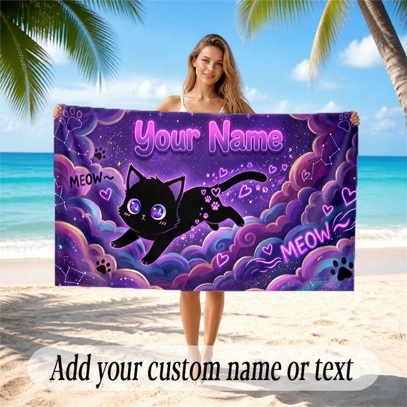 Cat Theme Soft Beach Towel Personalized Custom Name Text Towel Portable for Beach Pool Travel