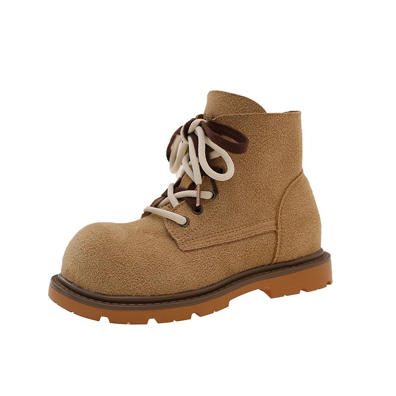 Big Round Toe Low Heel Single Shoes Autumn New Lace-Up Front Suede Anti-Slip Wear-Resistant Shoes